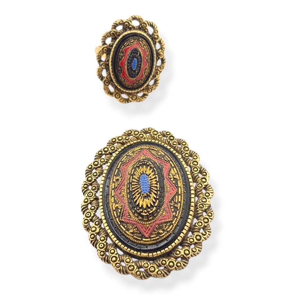 Vintage Sarah Coventry "Old Vienna" Brooch Pendant & Ring Set 1975 Gold Tone